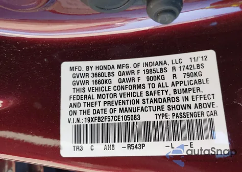 2012 Honda Civic Lx from USA, damaged, VIN 19XFB2F57CE105083